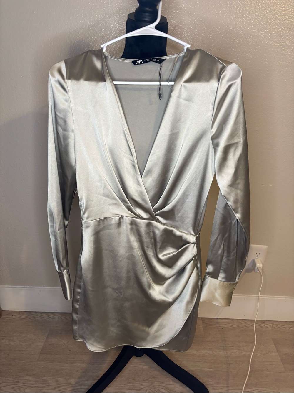 Zara Silver Satin Wrap Mini Dress Size XS NWOT